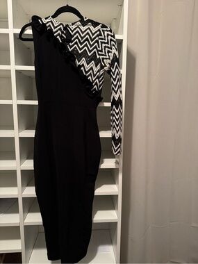 Black One-Shoulder Dress with Chevron Sleeve